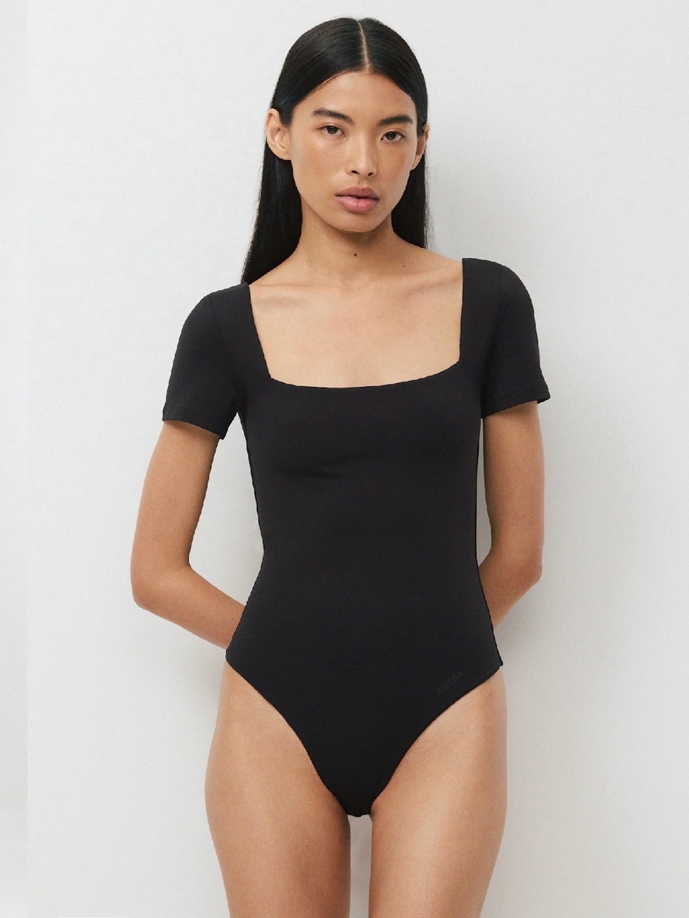 Babaton Black Square-Neck Short Sleeve Bodysuit